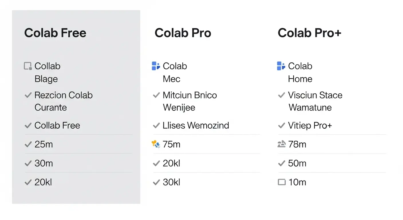 Google Colabの無料版、Pro、Pro+の料金と特典を比較した表。