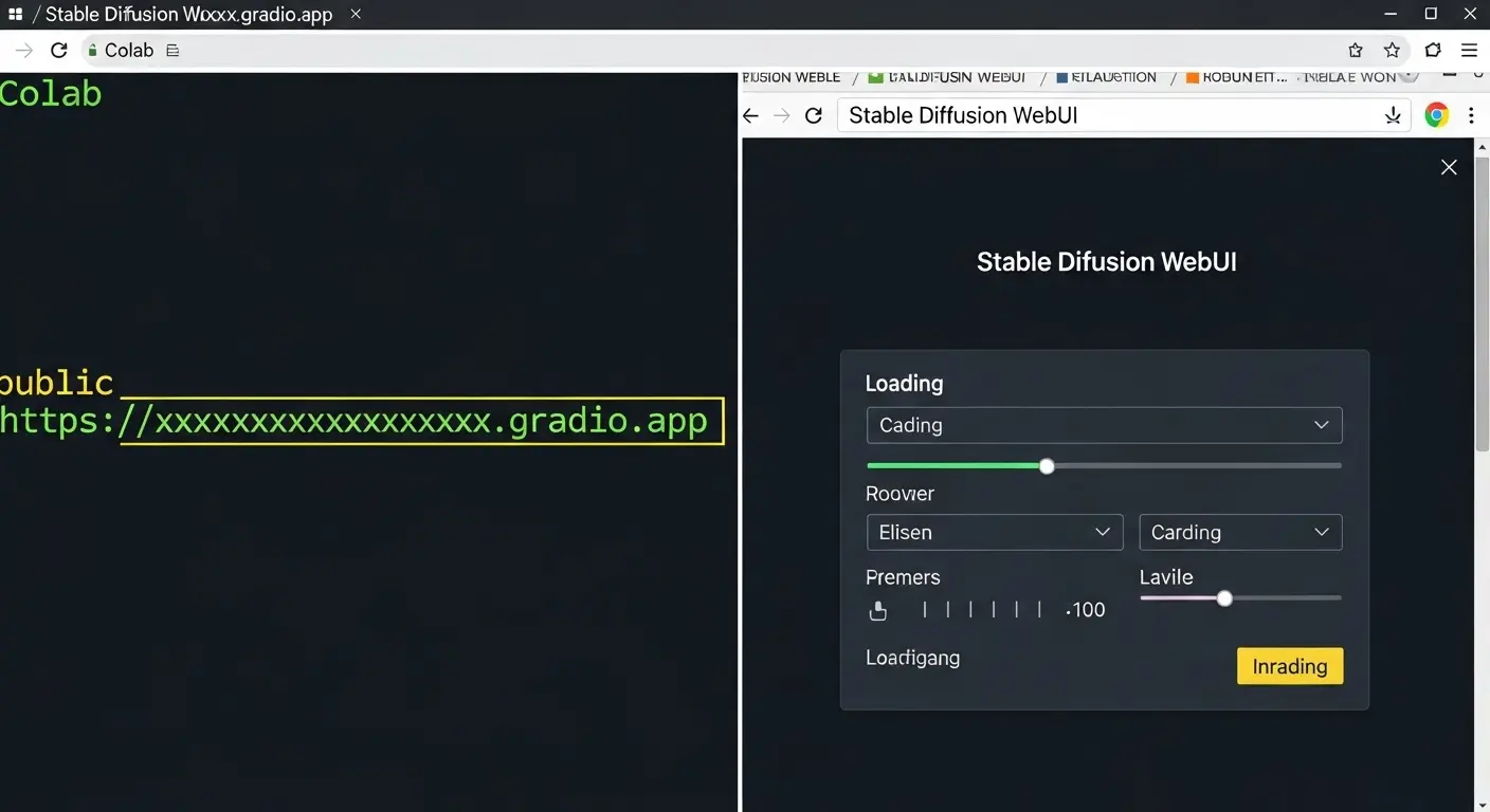 Colabで発行されたPublic URLと、そのURLから開かれたStable Diffusion WebUIの画面。