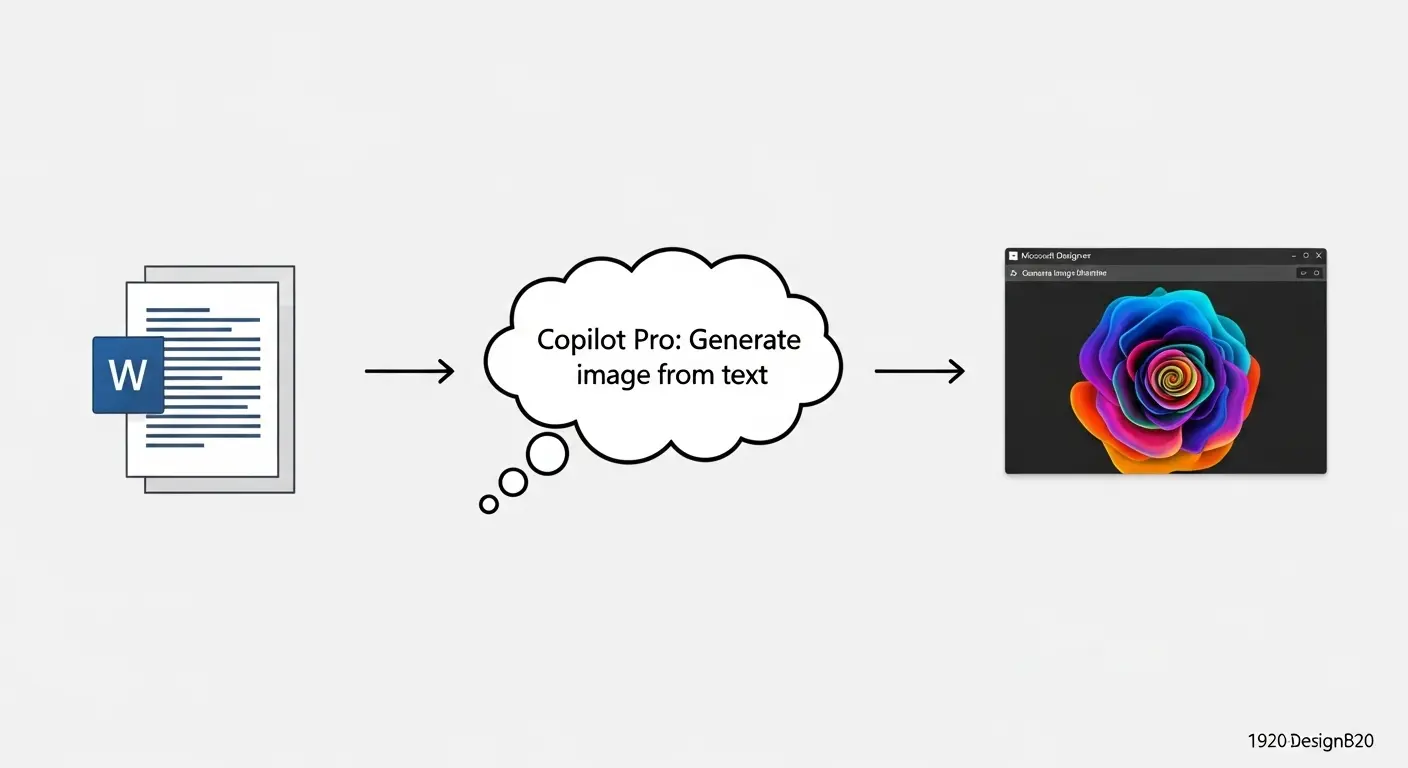 Word文書の内容からCopilotがDesignerで画像生成を行うワークフロー図。