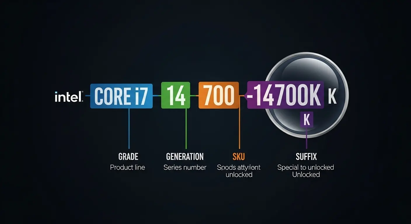 Core iシリーズの型番を分解し、世代、グレード、特徴を解説した図。