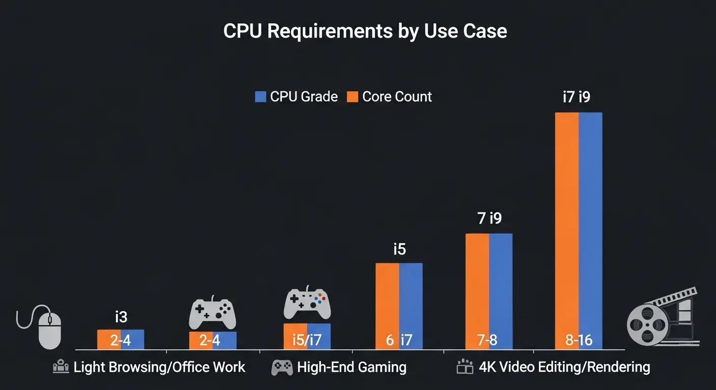事務作業、ゲーミング、動画編集の用途別CPU性能比較グラフ。