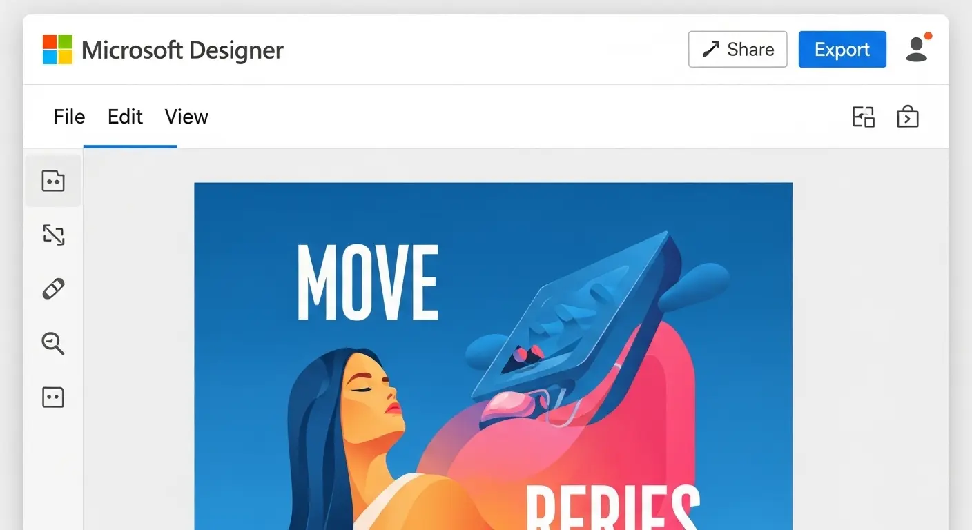 Microsoft Designerの編集画面。テキスト、ビジュアル、テンプレートの編集オプションが左側に表示されている。