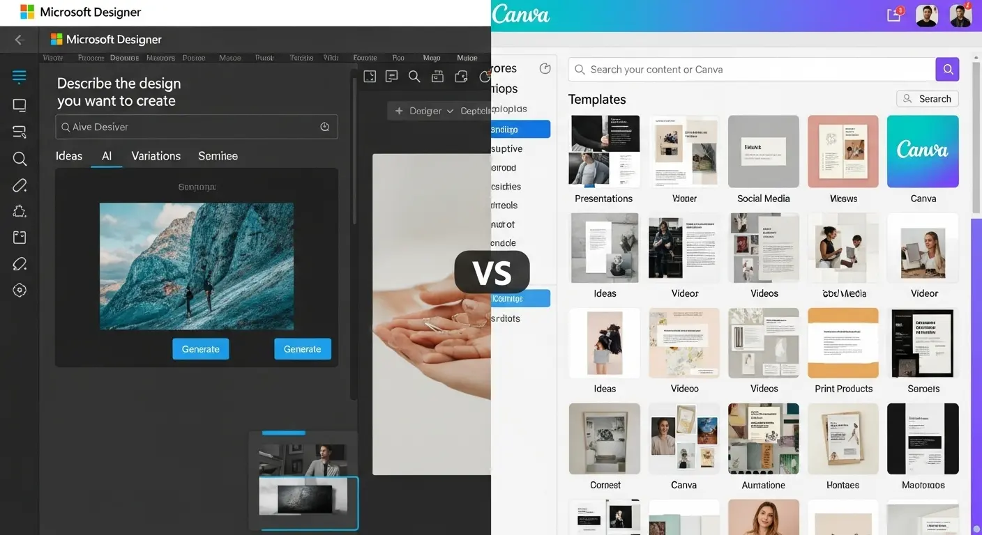 Microsoft DesignerとCanvaの無料版のインターフェイス比較。