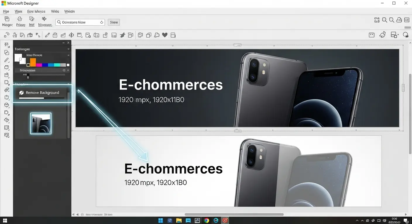 Microsoft Designerでウェブサイトのバナーを作成し、写真の背景を削除している様子。