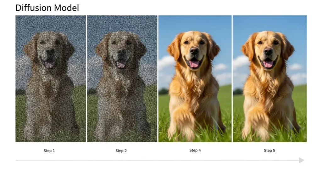 ディフュージョンモデルがノイズを取り除くことで画像を生成する仕組みの概念図。