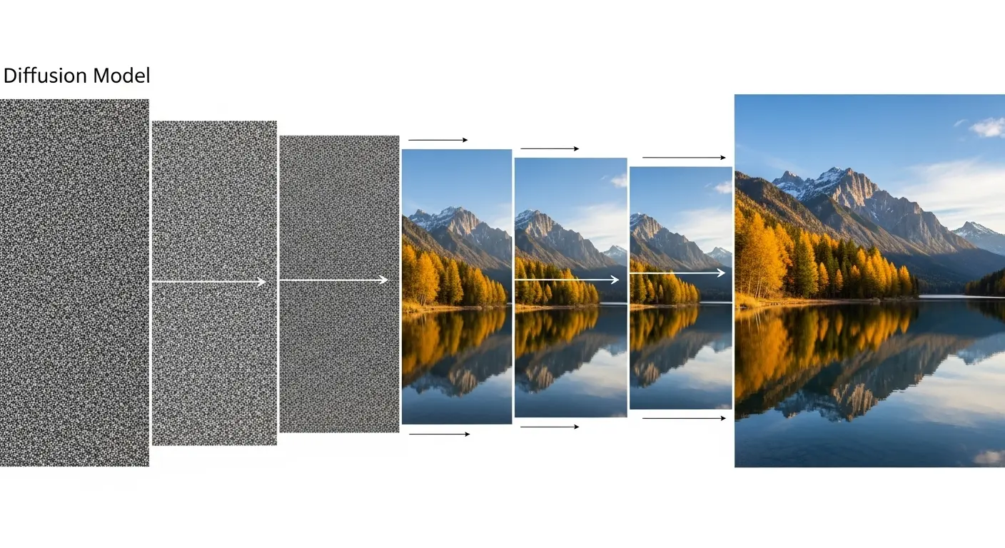 AI画像生成の核となる拡散モデル（Diffusion Model）の仕組みを図で解説。ノイズからリアルな写真へと変わるプロセス。