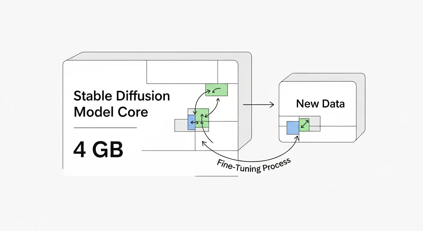 Dreamboothがベースモデル全体を微調整する仕組みを示す図