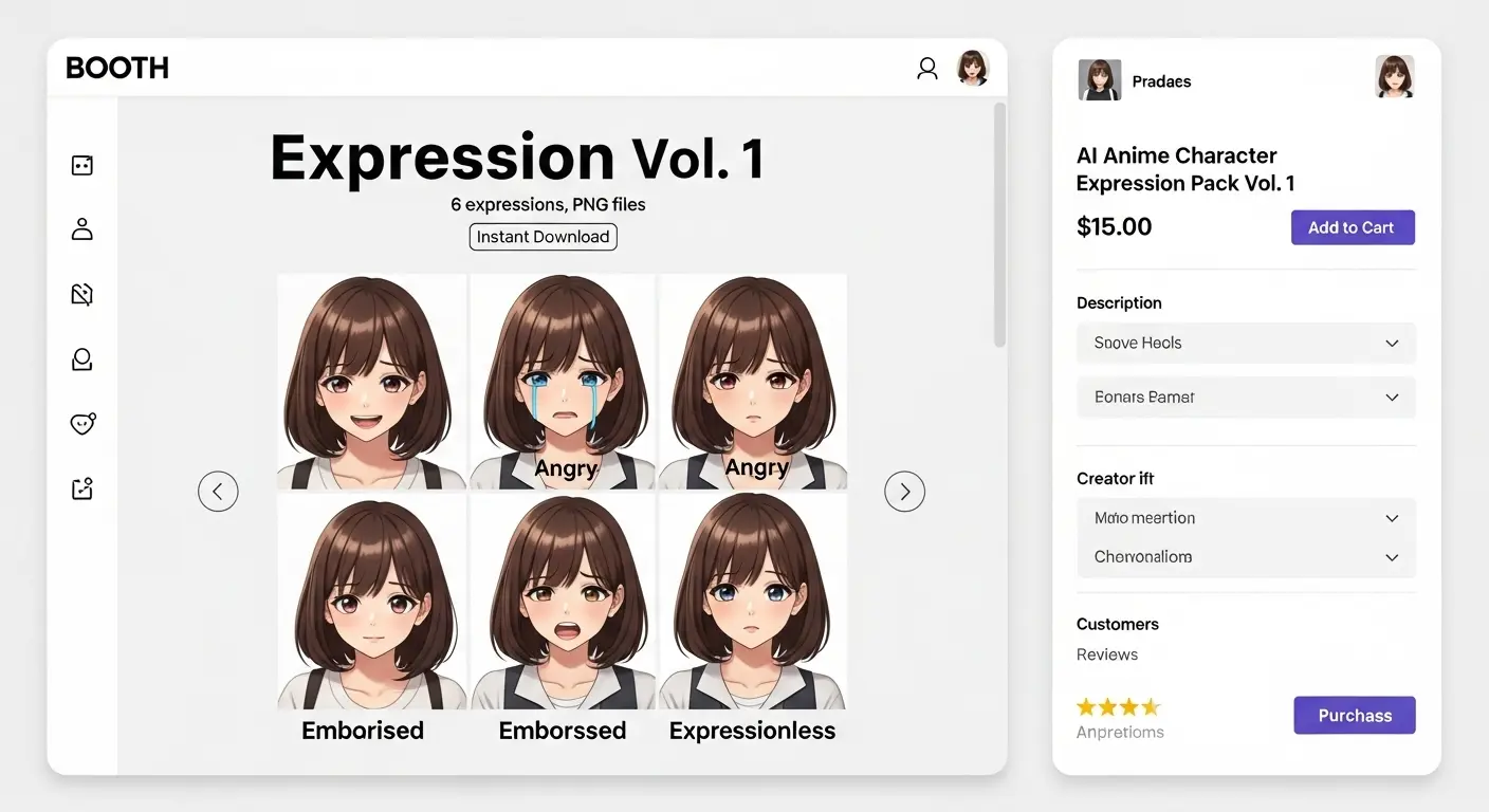 AIイラストで生成された表情差分素材が、デジタルコンテンツとして販売されている画面イメージ。