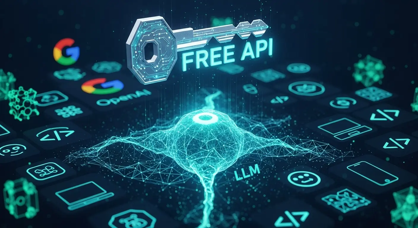 LLM APIの無料アクセスキーとAIニューラルネットワークを組み合わせた、無料利用のイメージ。