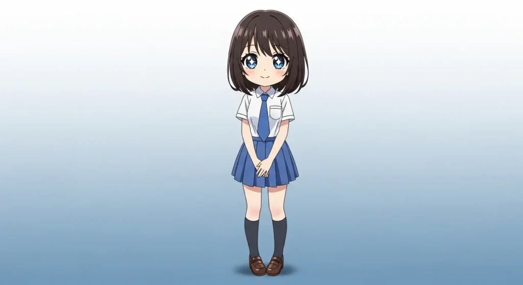 シンプルな背景に立つ、可愛い顔のアニメ風美少女全身立ち絵イラスト。
