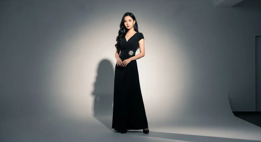 正面を向いたニュートラルポーズの女性の全身画像。