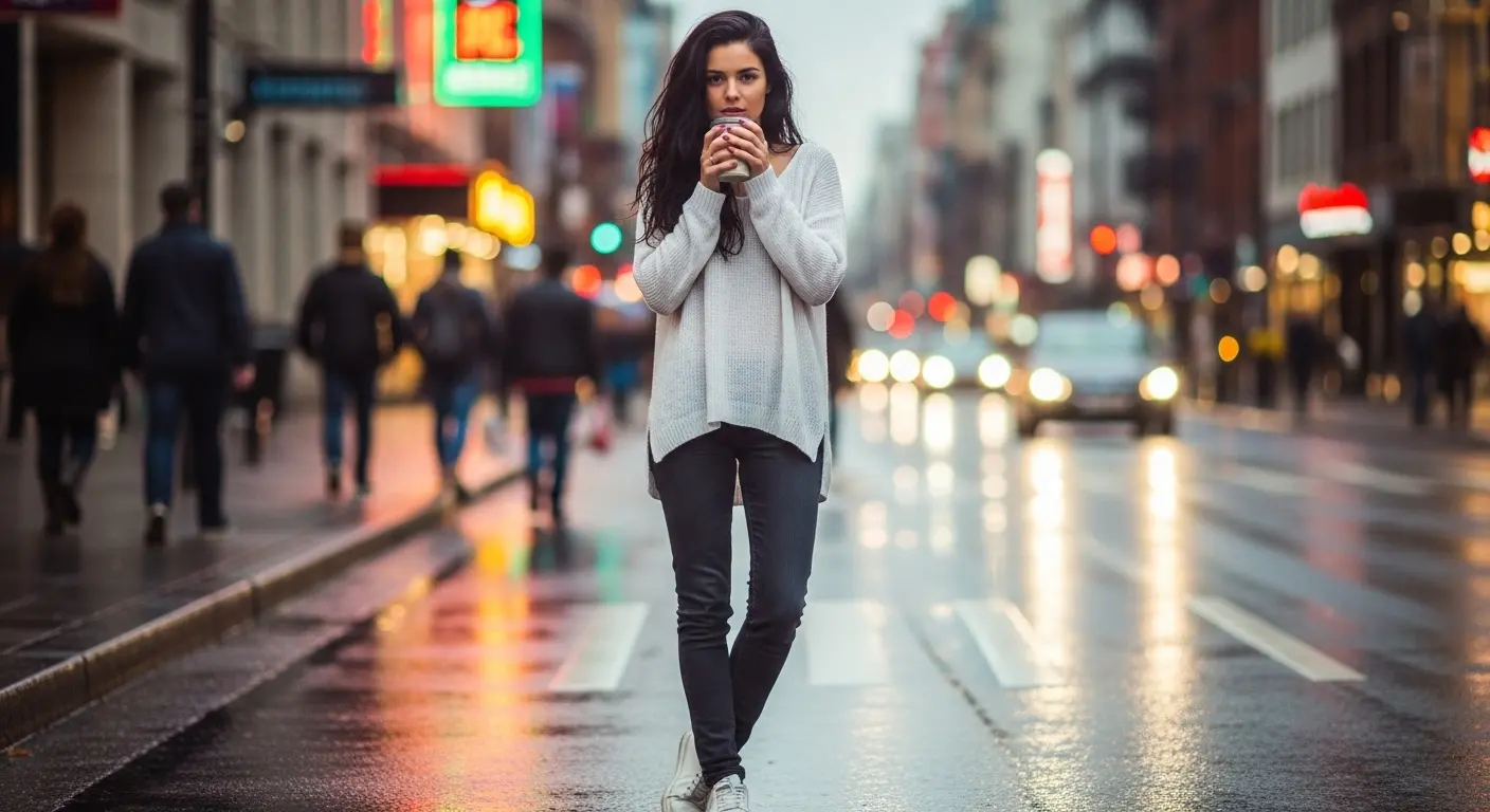 コーヒーカップを両手で持つ女性の、手の崩れが修正された全身画像。