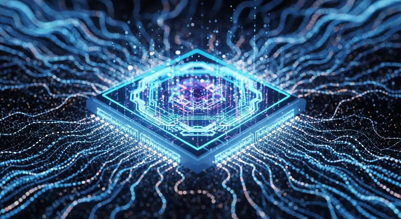 AI処理用のNPUチップの未来的なイメージ