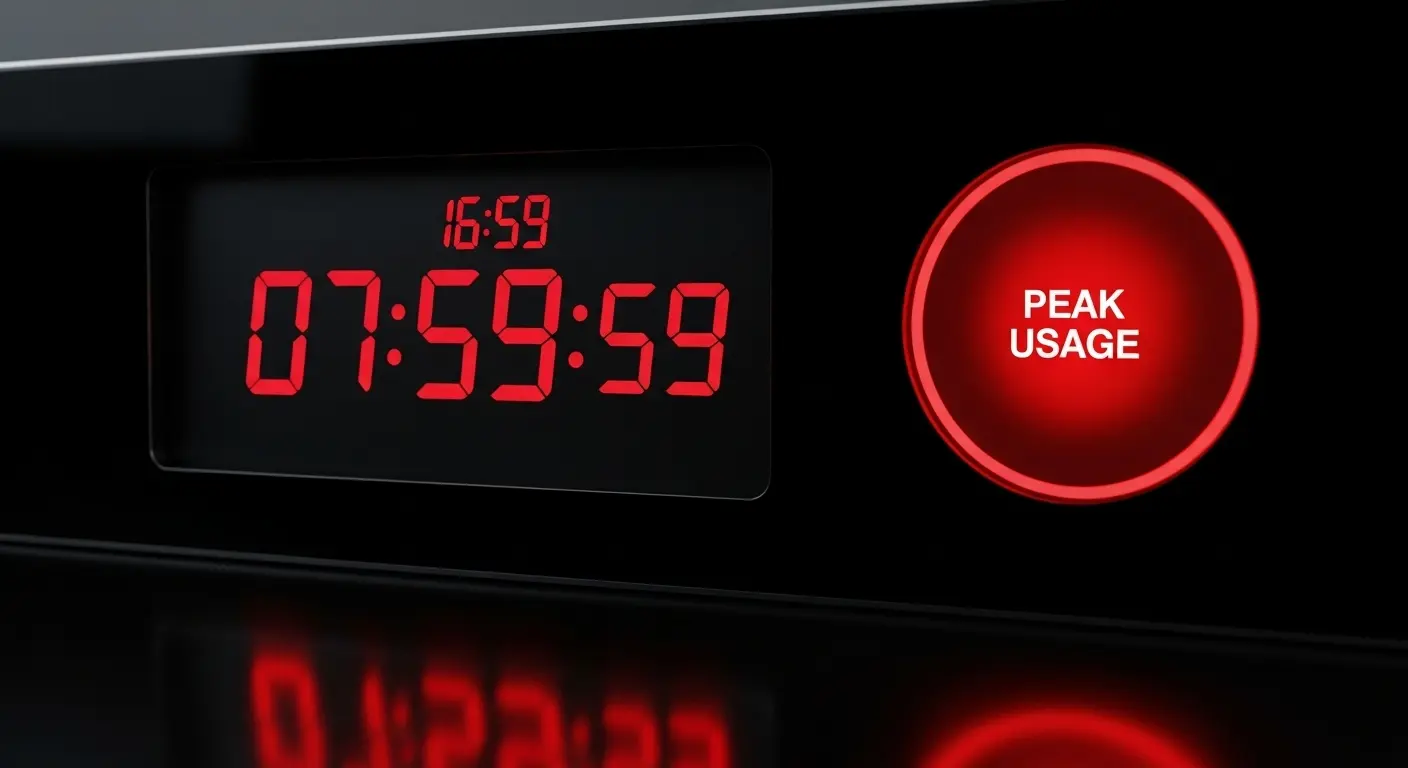 利用集中による制限を示唆するピークタイム警告付きのデジタル時計。