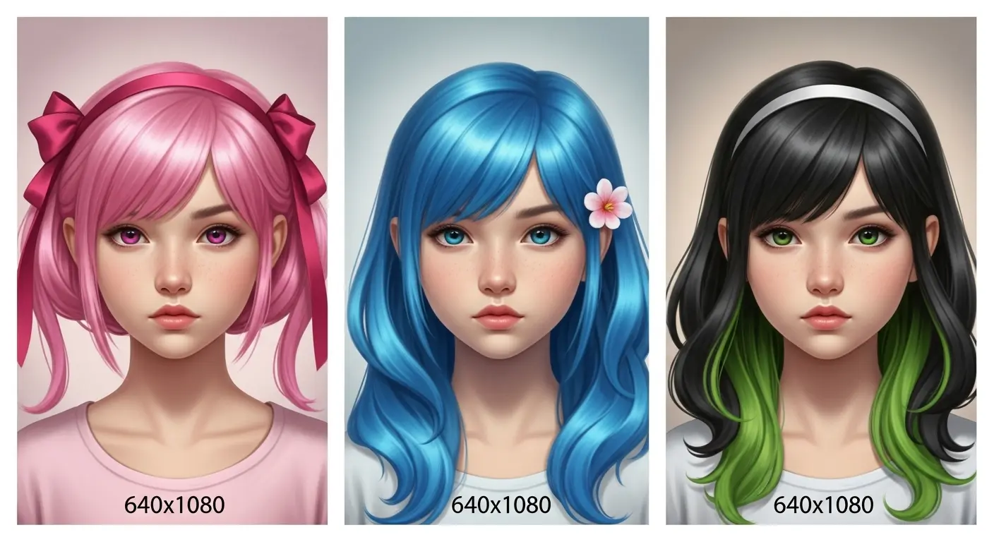 ピンク、青、インナーカラーの髪色とリボン、花などのアクセサリープロンプト比較