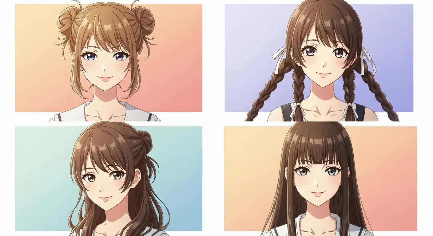 お団子、三つ編み、ハーフアップ、姫カットといったアレンジ髪型のプロンプト比較
