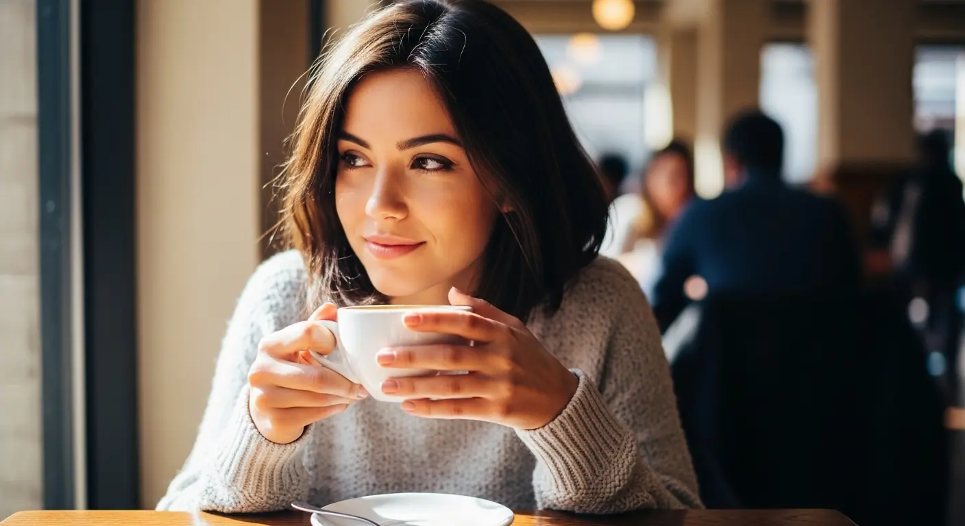 コーヒーカップを持つ手が自然なリアルな女性の高画質画像