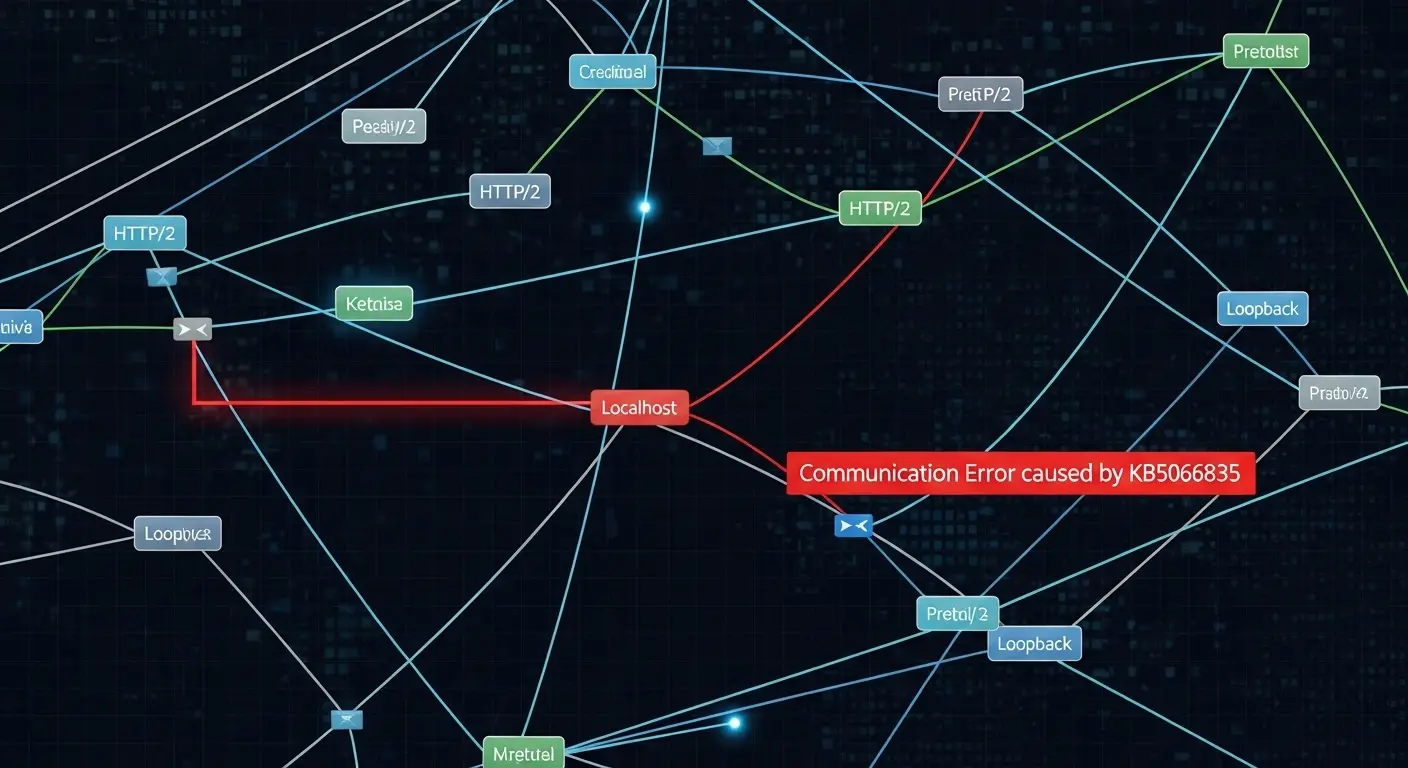 KB5066835の問題原因であるHTTP/2プロトコルの複雑な通信エラーを視覚化した図。