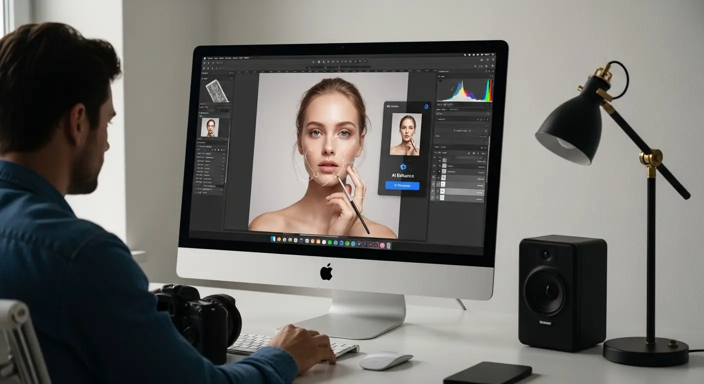 MidjourneyやStable Diffusionの画像をMac PCで画像編集アプリAI（Photoshop/MyEditなど）を使ってレタッチするプロの様子。