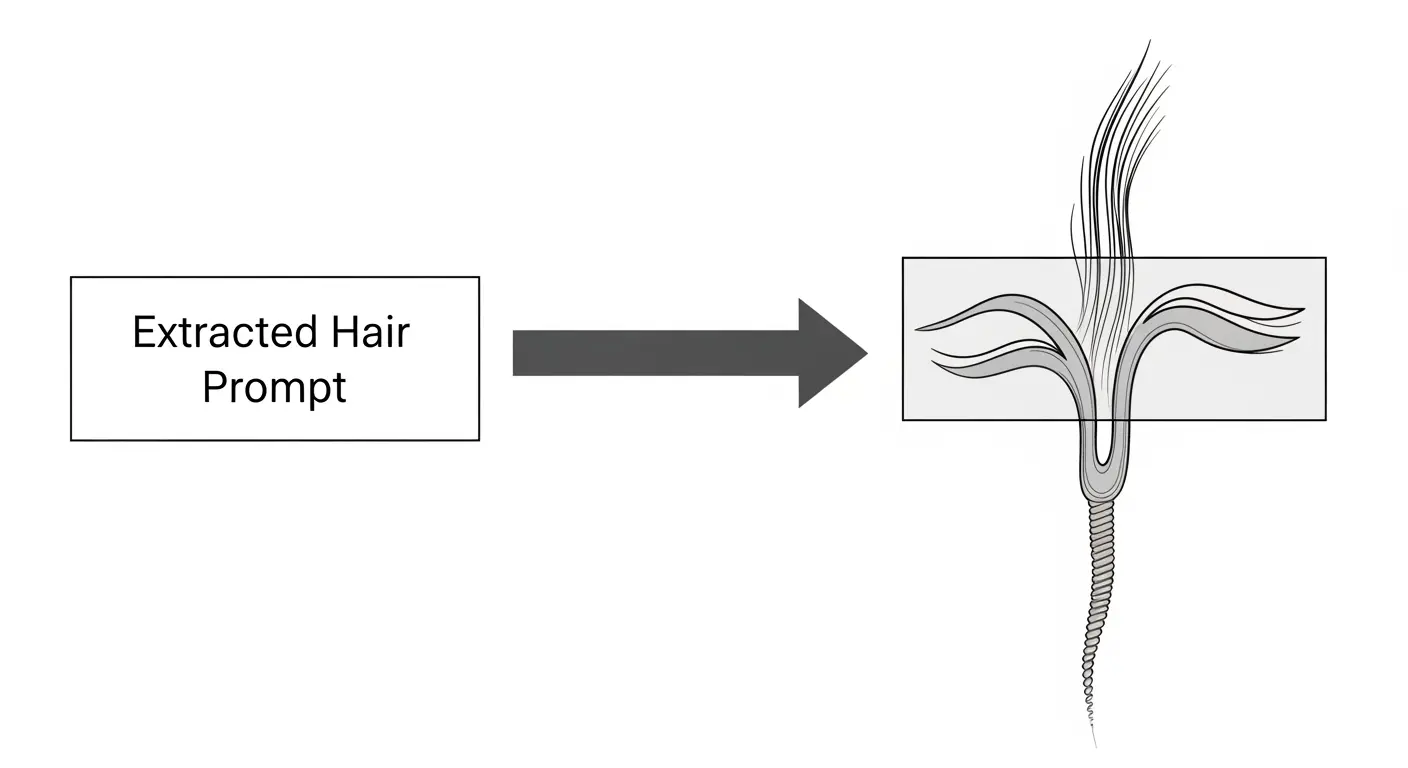 理想の髪型の画像からプロンプトを抽出し、AIで再生成するまでの手順を示した図。