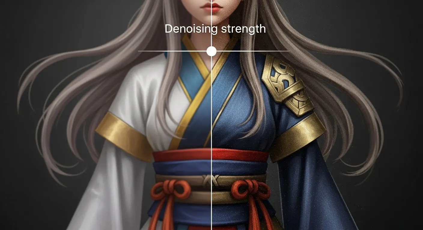 Stable Diffusion Web UIのimg2img機能において、Denoising strengthの値を調整した際の画像の変化の比較。