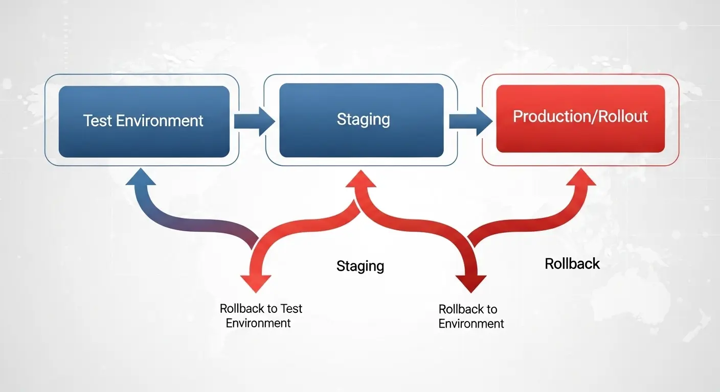企業環境における更新プログラムのテストと段階的展開の重要性を示す図。