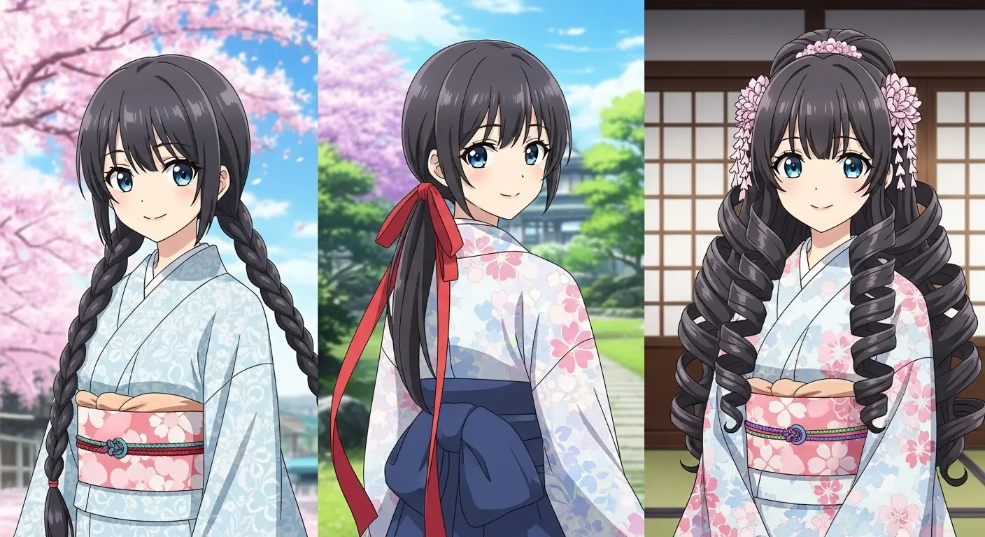 おさげ、ローポニーテール、縦ロールなど、和風/アニメ系の髪型プロンプト比較。