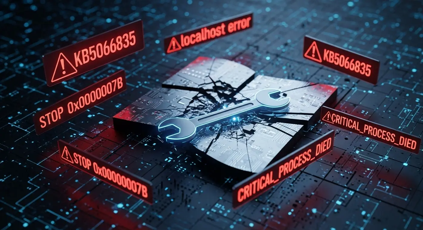 Windows 11の更新プログラムKB5066835適用後の重大なエラーと修正を象徴するグラフィック。