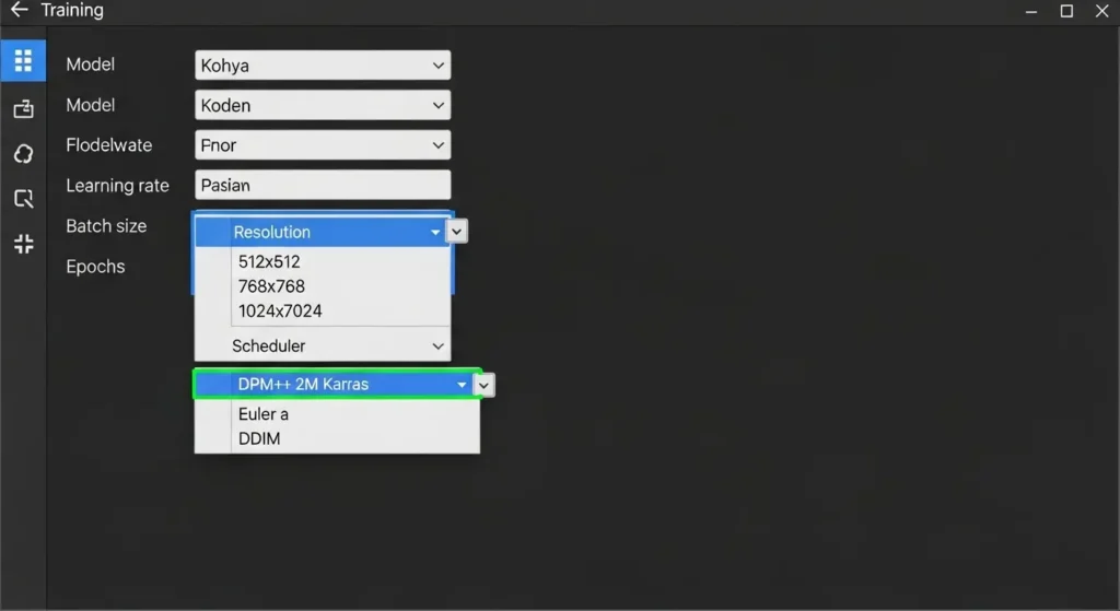 Kohya's GUIの高度な設定画面。ResolutionやOptimizer（スケジューラー）の設定箇所。