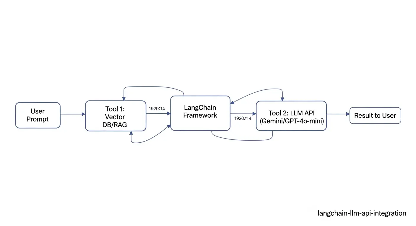 LangChainフレームワーク、ベクトルデータベース、LLM APIを連携させたアプリケーションの構造図。