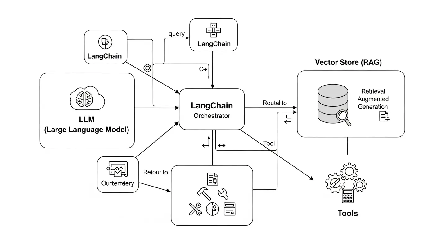 LangChainフレームワークの構成図とLLMとの連携。