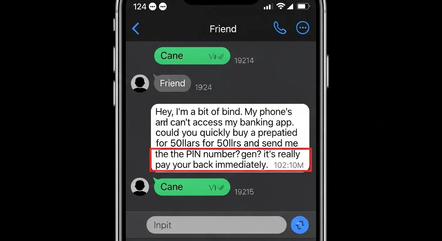 LINE乗っ取り犯による金銭要求（プリペイドカード）の典型的なメッセージ画面。