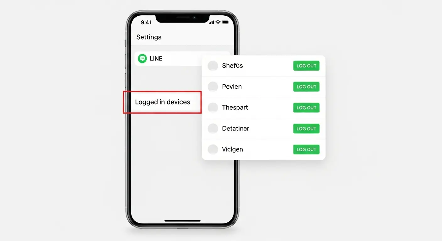 LINEの設定画面。ログイン中の端末を確認し、不正アクセスをチェックする手順。