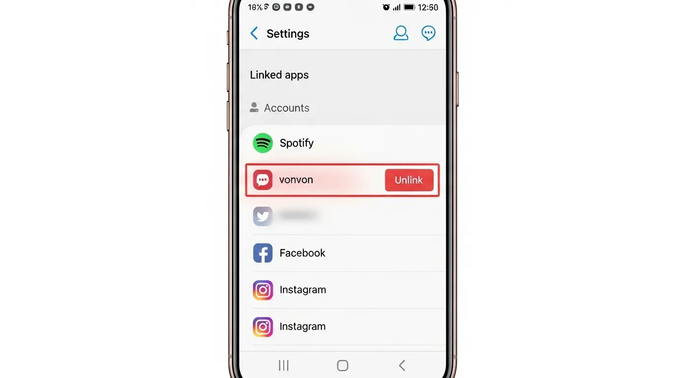 LINEの連携アプリ設定画面でvonvonを選択し、連携を解除する手順。