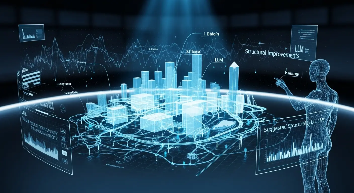 ホログラフィックな3D都市モデルをAIが解析し、テキスト注釈や改善点を表示している未来的なインターフェース。