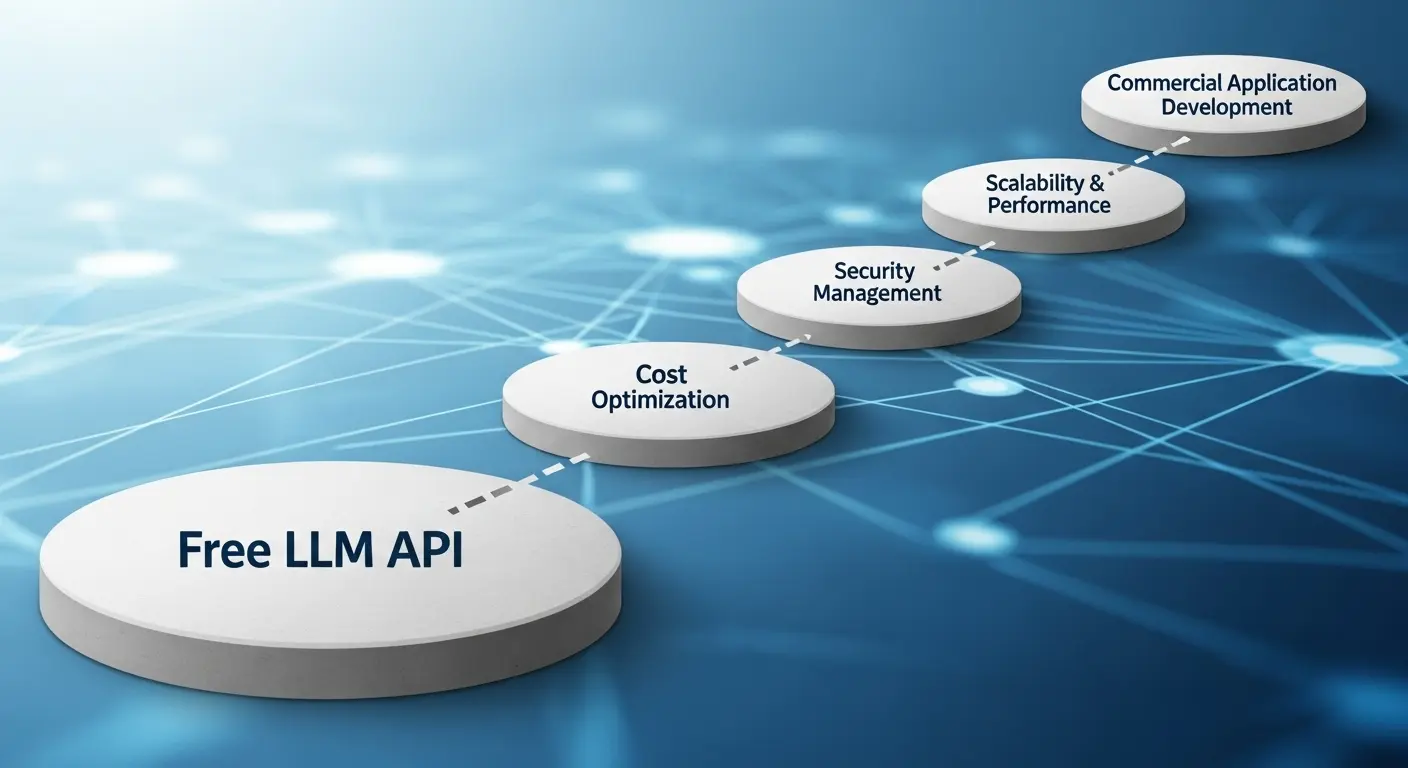 無料LLM API利用から商用アプリケーション開発へのステップアップを示すロードマップ。