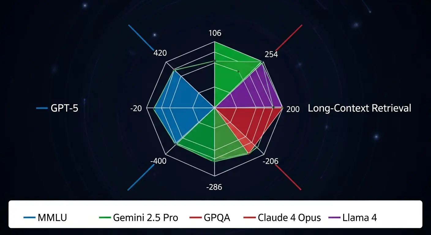 GPT-5, Gemini 2.5 Pro, Claude 4 Opus, Llama 4の主要LLMベンチマークスコア比較レーダーチャート