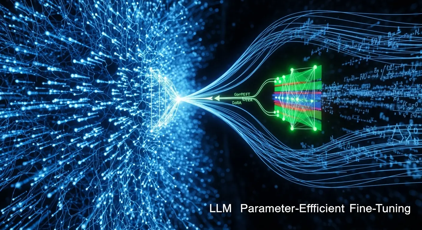 LLMファインチューニングの概念図：大規模モデルと追加されるLoRA/PEFTの軽量層