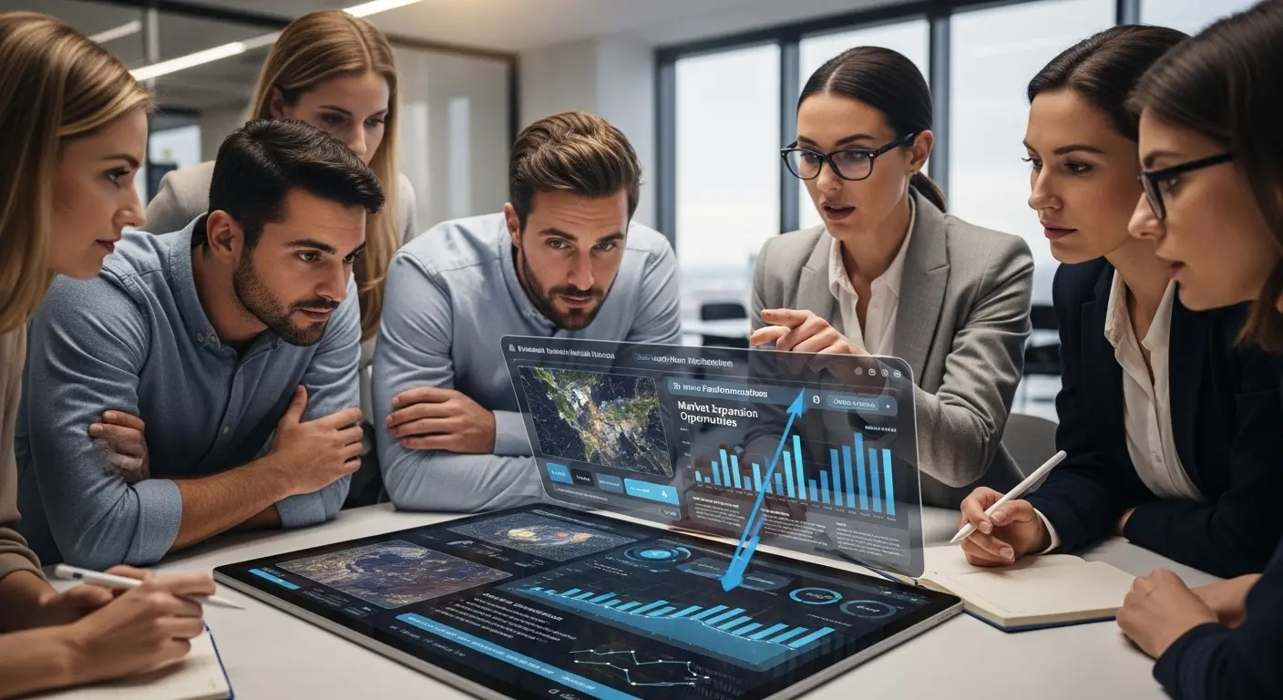 ビジネスパーソンたちがタブレット画面上のマルチモーダルAIインターフェースを見て、戦略を話し合っている様子。
