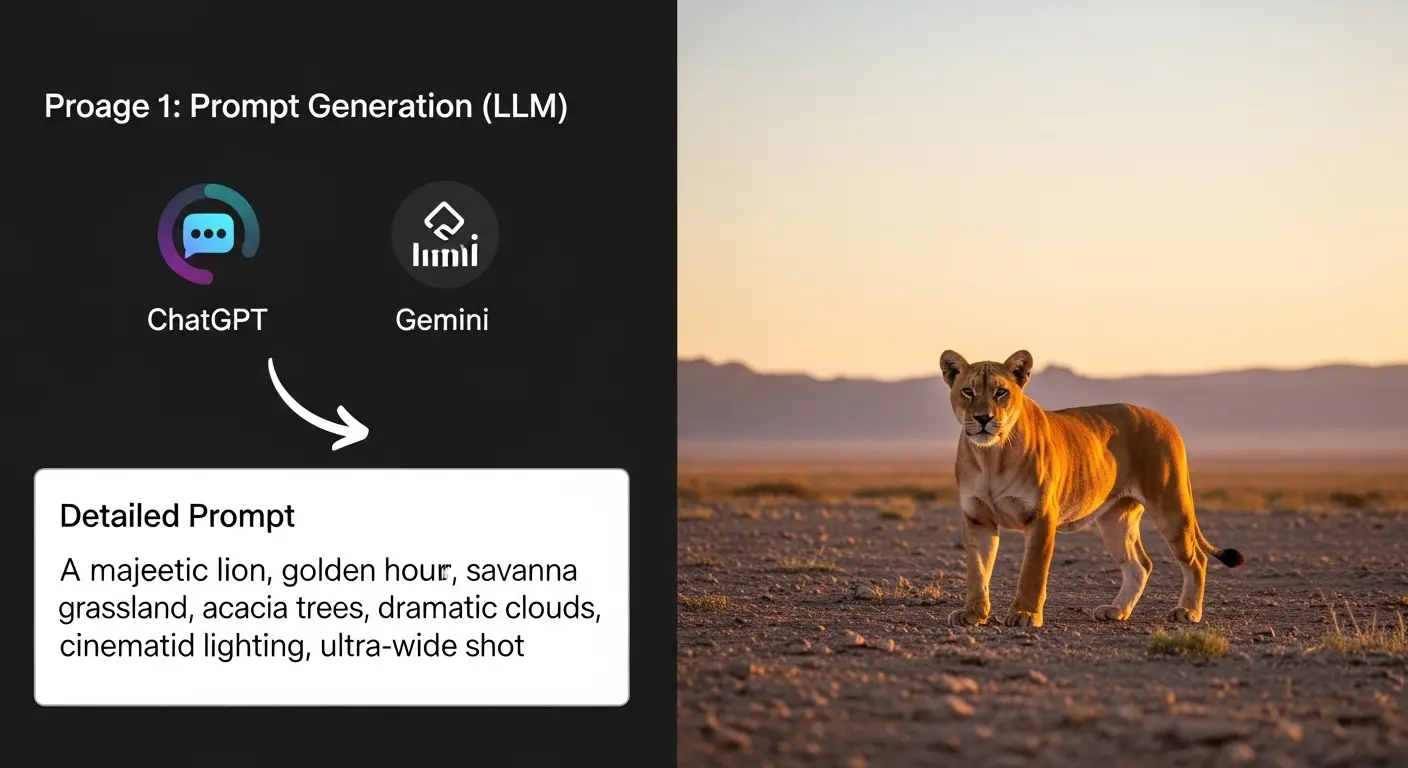 大規模言語モデル（LLM）を使ってプロンプトを生成し、Stable Diffusionで画像を生成する連携の流れ。