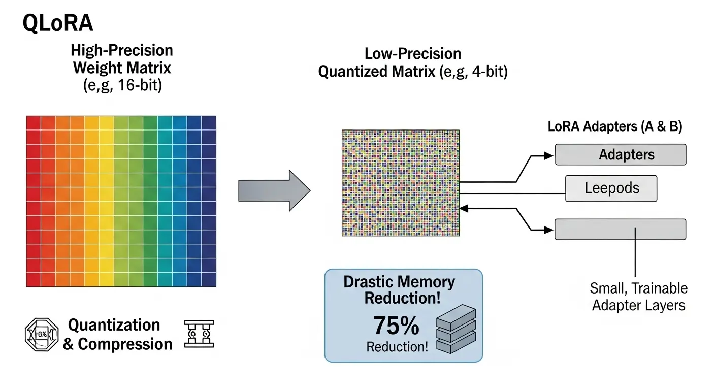 QLoRAの量子化プロセス図:4ビット量子化とLoRAアダプターの追加