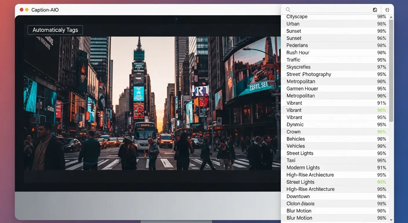 最新のAIキャプションツール（Caption-AIOのイメージ）の画面。画像に対して詳細なタグが自動で付与されている様子。