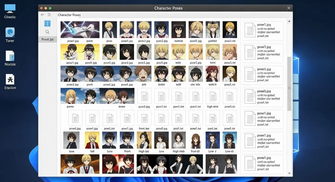 LoRA学習用のデータセットフォルダ構造。画像ファイルとキャプションのテキストファイルが対になっている様子。