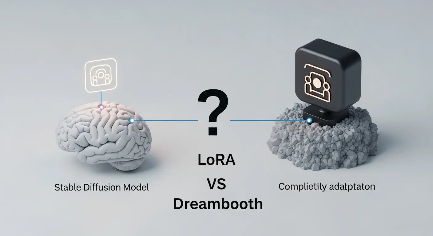 LoRAとDreamboothの学習手法の違いを比較する技術的な概念図