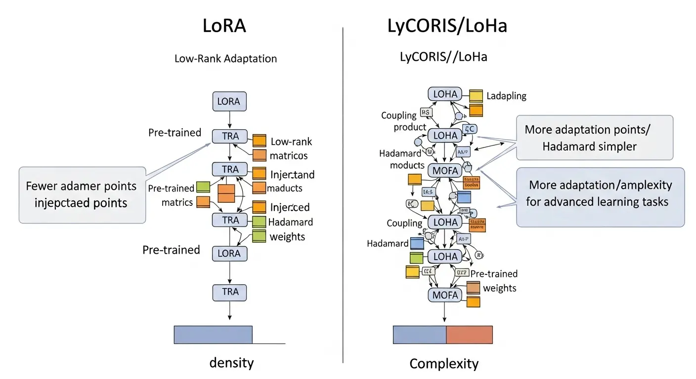 LoRAとLyCORISの技術的な違いと進化を示す図