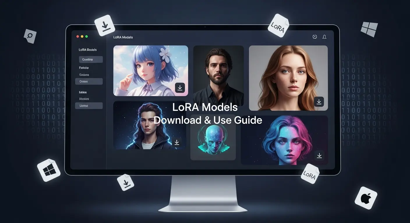 LoRAモデル配布サイトの一覧とダウンロード方法を解説する技術的なインターフェースのイメージ