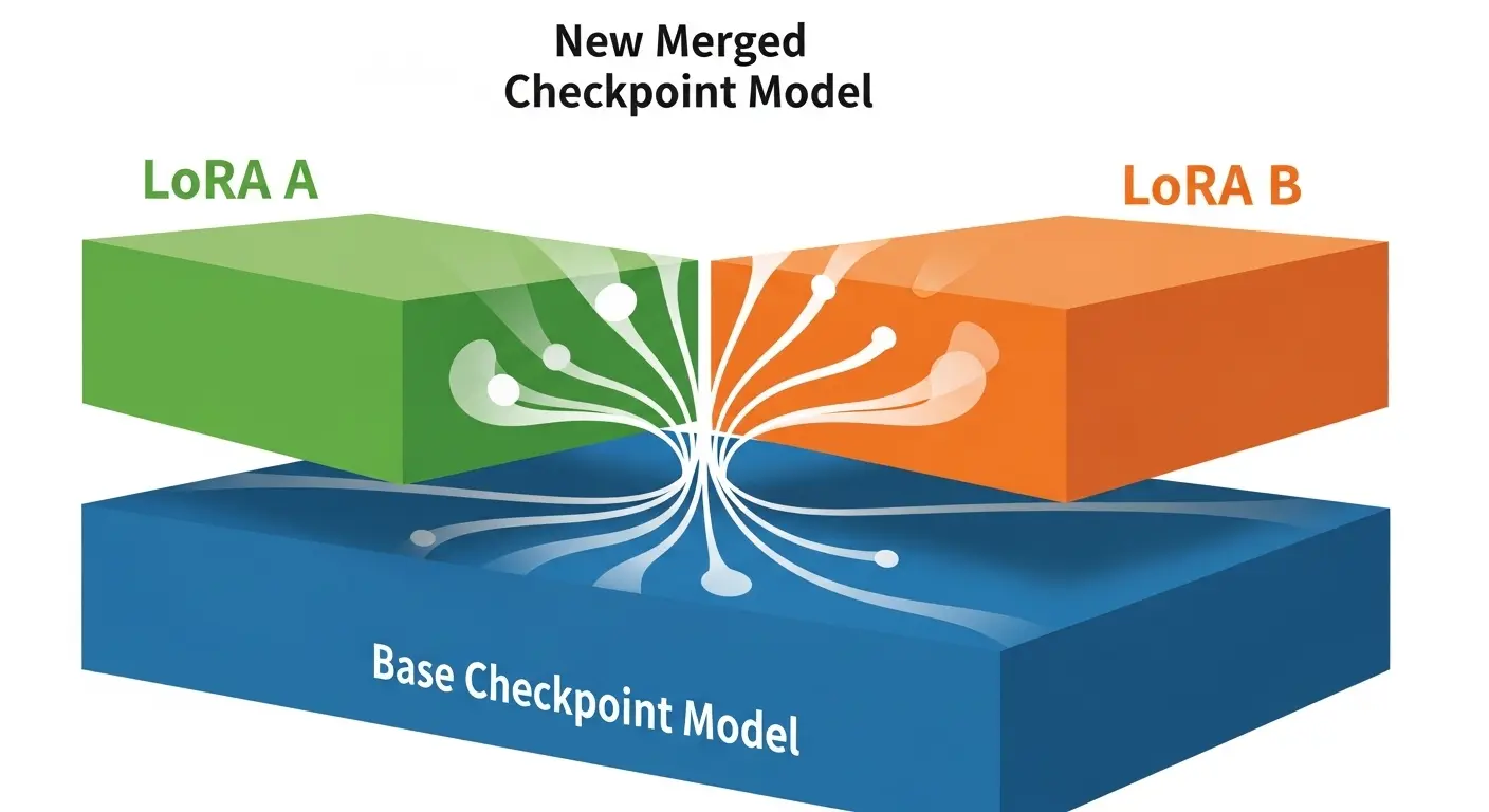 LoRAモデルとベースのCheckpointモデルを統合（マージ）して新しいモデルを作成する概念図。