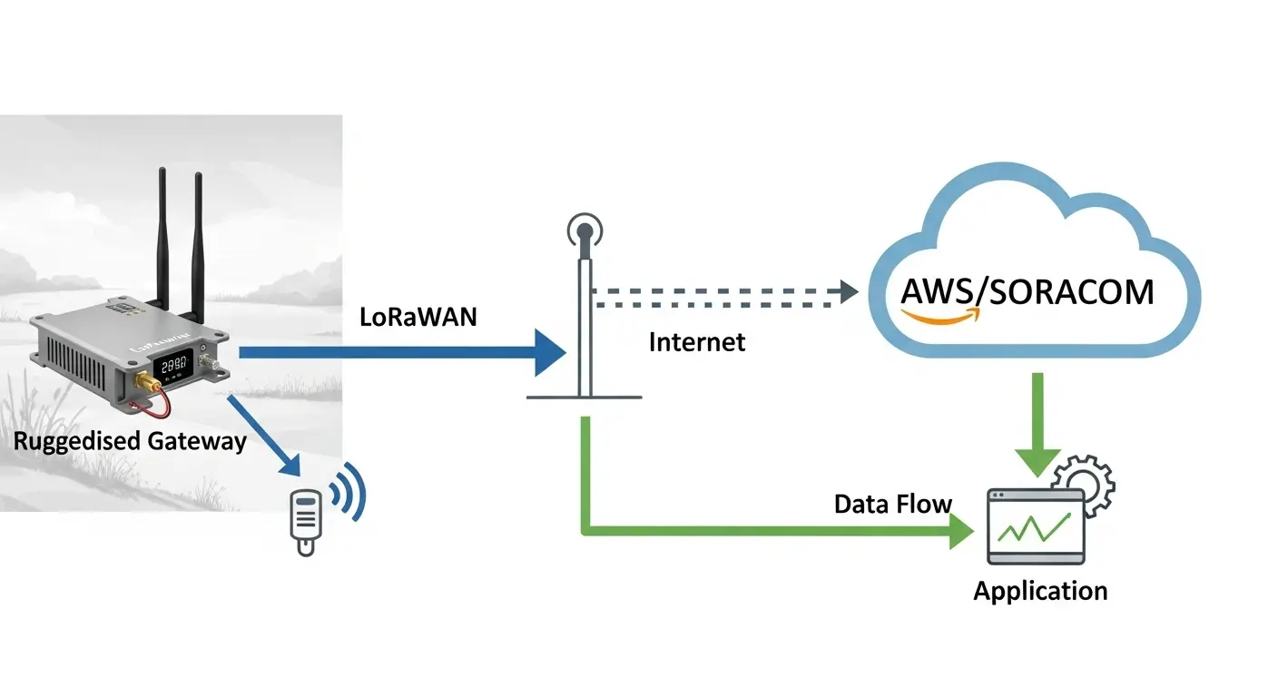 LoRaWANとAWS/SORACOMなどのクラウドサービスとの連携イメージ