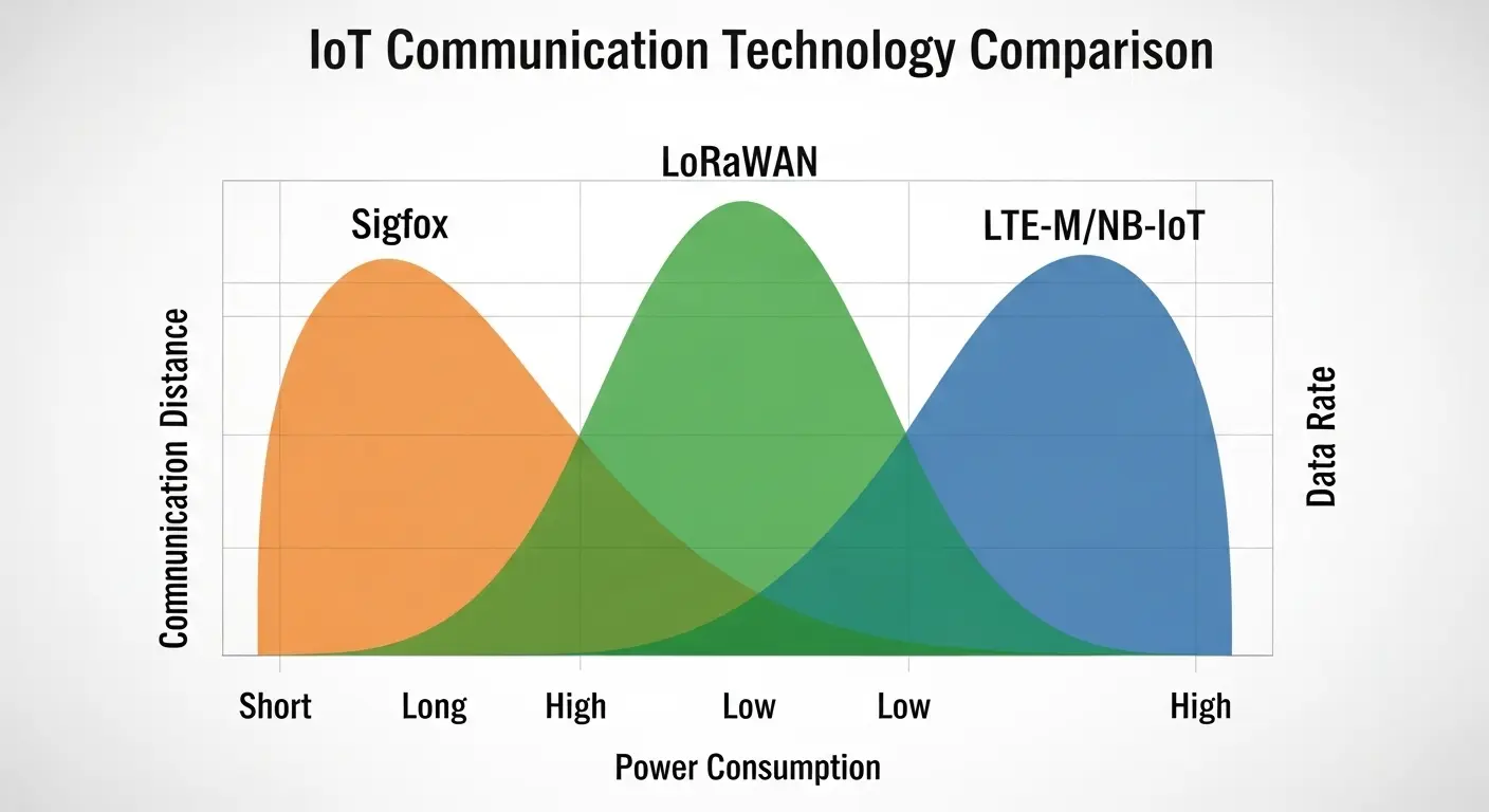 LoRaWAN、Sigfox、セルラーLPWAの主要な比較グラフ