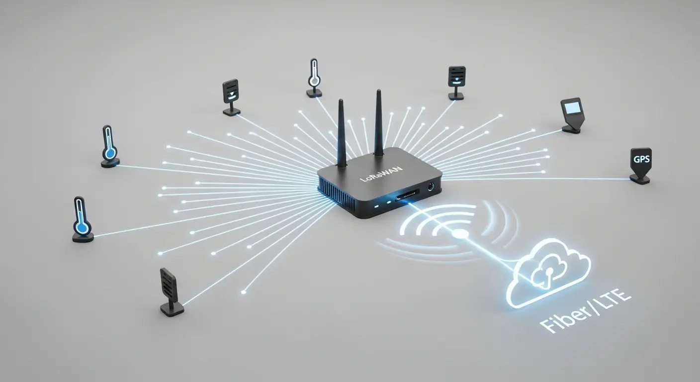 長距離通信するLoRaWANゲートウェイとIoTセンサー、クラウドへの接続を示すイメージ図。